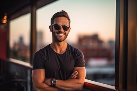 Portrait of a handsome young man in sunglasses standing with arms crossed and looking at camera.の素材
