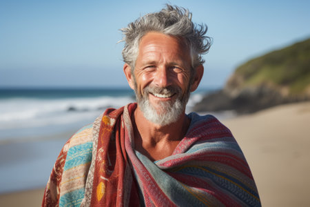 Portrait of happy senior man wrapped in blanket at beach on a sunny dayの素材
