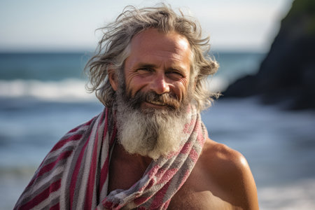 Portrait of smiling man wrapped in towel at beach on a sunny dayの素材