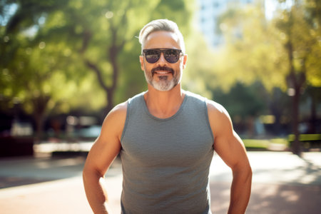 Handsome middle aged man in sunglasses and a sleeveless T-shirt.の素材