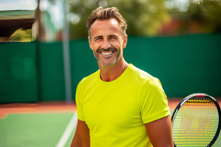 Portrait of a smiling man with tennis racket on a tennis courtの素材