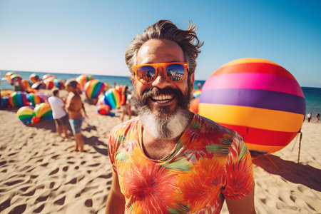 Bearded man in sunglasses on the beach with a colorful ball.の素材