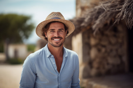 Portrait of handsome man in straw hat smiling at camera on sunny dayの素材