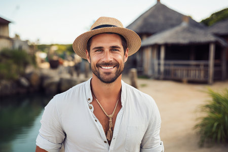 Portrait of handsome man in hat smiling at camera while standing outdoorsの素材
