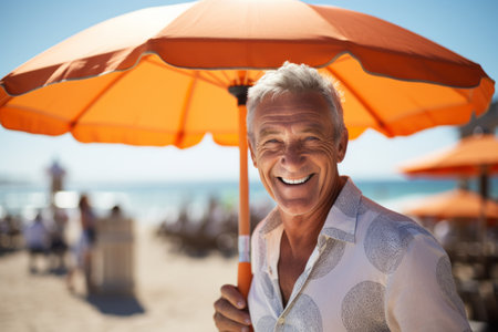 Portrait of happy senior man holding umbrella on beach during sunny dayの素材
