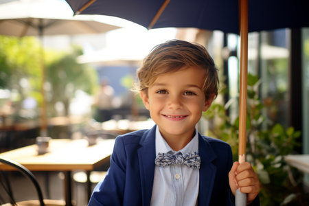 Portrait of a cute little boy in a jacket and bow tie.の素材