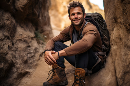 Handsome young man hiker sitting on a rock in the desertの素材