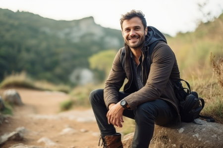 Portrait of a handsome man sitting on a rock and looking at cameraの素材