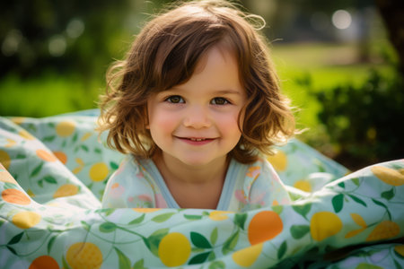 Portrait of a cute little girl lying on blanket in the parkの素材