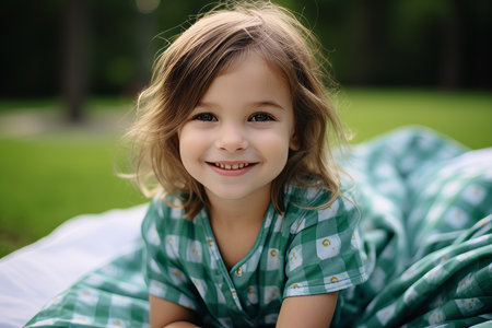 Portrait of a smiling little girl in a green checkered dress.の素材