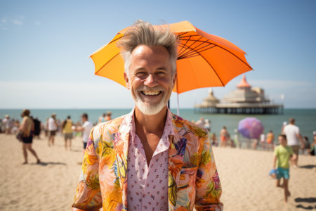Portrait of happy senior man with umbrella on the beach at summerの素材