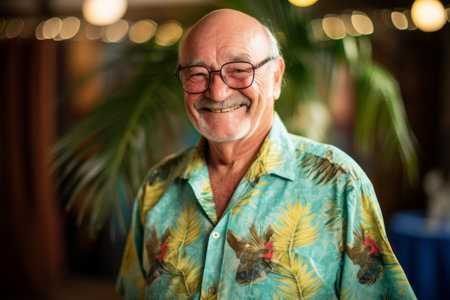 Portrait of a senior man smiling at the camera in a restaurantの素材