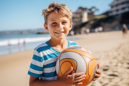 Portrait of smiling boy holding basketball ball on beach during sunny dayの素材