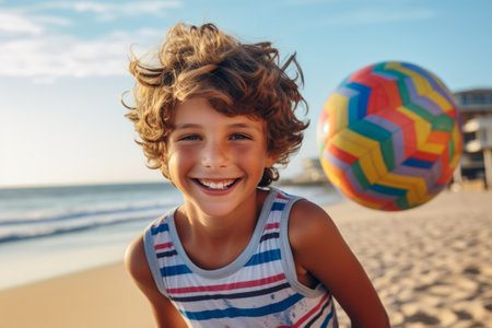 Portrait of a smiling little boy playing with a ball on the beachの素材