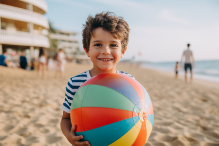 happy boy holding beach ball and looking at camera on beach during summer vacationの素材