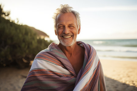 Portrait of smiling senior man wrapped in blanket at beach during sunny dayの素材