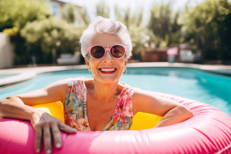 smiling senior woman in sunglasses floating on inflatable ring in swimming poolの素材