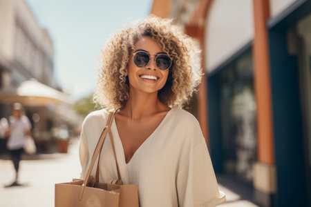 Beautiful young woman with curly hair and sunglasses is holding shopping bags and smiling while walking in the cityの素材
