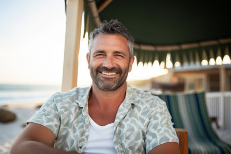 Portrait of smiling man sitting on chair at beach during summer vacationの素材