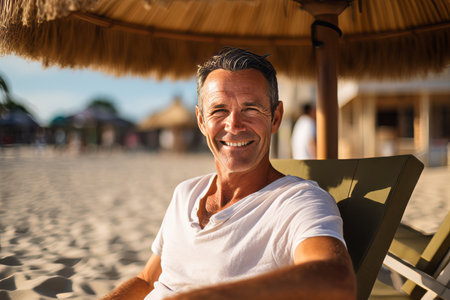 Portrait of happy senior man sitting on sunbed at the beachの素材