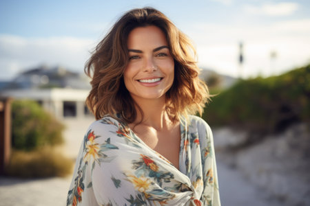Portrait of beautiful young woman smiling and looking at camera on the beachの素材