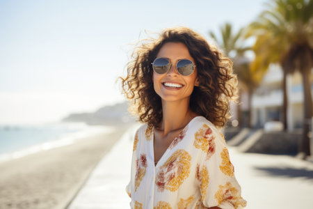 Portrait of beautiful young woman with curly hair in sunglasses on the beachの素材
