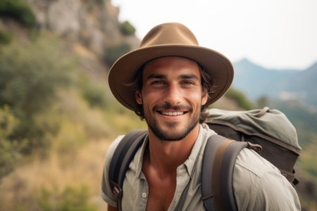 Portrait of a smiling young man with backpack standing in the mountainsの素材