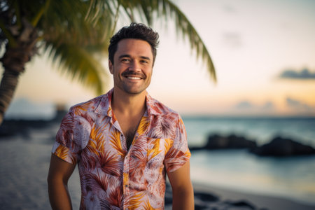 Handsome young man in colorful shirt on the beach at sunsetの素材