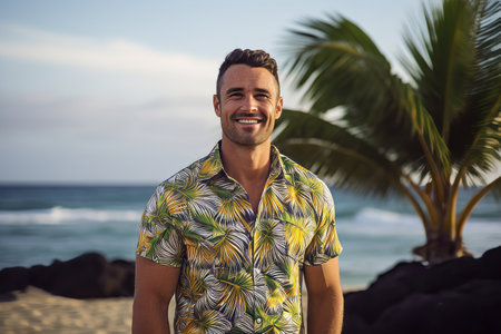 Portrait of a smiling young man standing on the beach with palm trees in the backgroundの素材