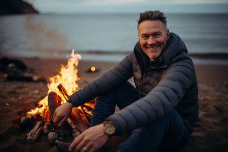 Man sitting near bonfire on the beach at autumn day. camping conceptの素材