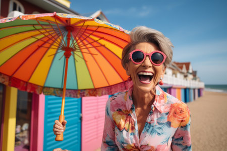 Close up portrait of happy senior woman in sunglasses with umbrella on beachの素材
