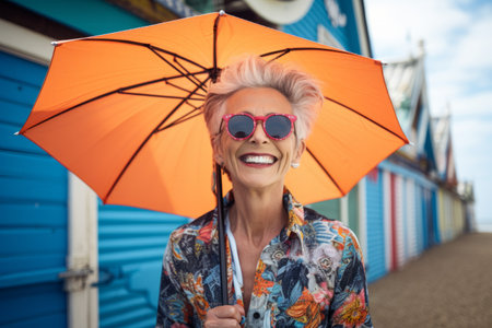Portrait of smiling senior woman with umbrella standing in front of beach hutsの素材