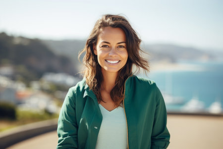 Portrait of a smiling young woman standing outdoors at the seasideの素材