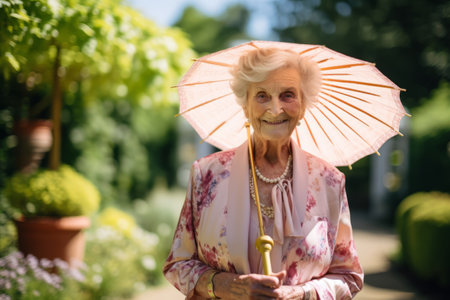 Portrait of senior woman with umbrella in the garden. Select focus.の素材