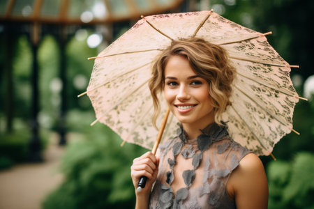 Portrait of beautiful young woman with umbrella in the park. Looking at camera.の素材