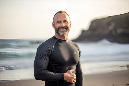 Portrait of happy senior man standing in wetsuit at beachの素材