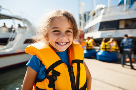 Portrait of smiling little girl in life jacket looking at camera on pierの素材
