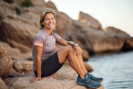 Happy mature woman sitting on a rock by the sea and smiling.の素材