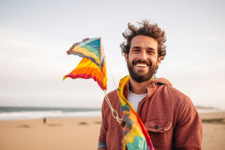 Portrait of smiling young man with kite on the beach.の素材