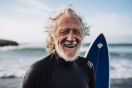 Portrait of senior man in wetsuit with surfboard on the beachの素材