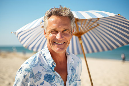 Portrait of happy senior man standing on beach with umbrella smiling at cameraの素材