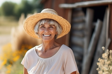 Happy senior woman in straw hat looking at camera in countryside. Mature female in straw hat smiling outdoors.の素材