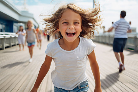 Portrait of a laughing little girl in a white T-shirt on the pierの素材