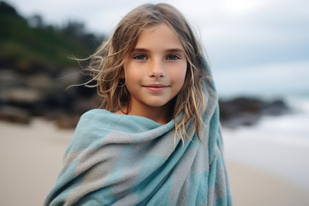 Portrait of a cute little girl wrapped in a blanket on the beachの素材
