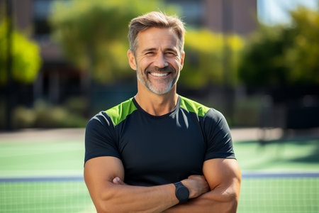 Portrait of smiling mature man standing with arms crossed on tennis courtの素材