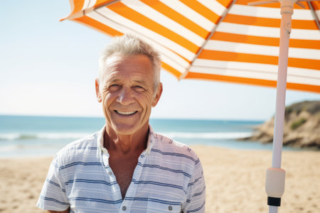 Portrait of happy senior man standing with umbrella on beach in summerの素材