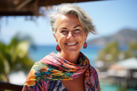 Portrait of happy senior woman standing in summer cafe on the beachの素材