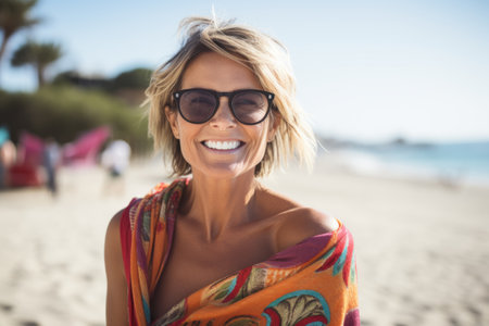 Portrait of smiling woman wearing sunglasses on the beach on a sunny dayの素材