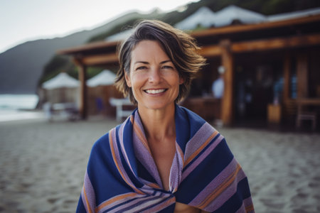 Portrait of smiling woman wrapped in blanket standing on beach at resortの素材