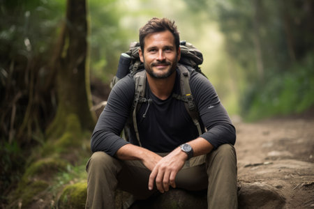 Portrait of a young man with backpack sitting on a rock in the forestの素材